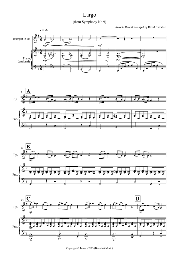 Largo (from the 'New World Symphony') for Trumpet in Bb and Piano (arr. David Burndrett)