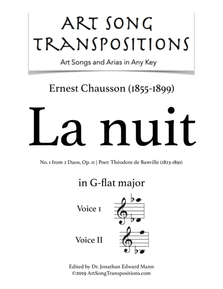 CHAUSSON: La nuit, Op. 11 no. 1 (transposed to G-flat major) (arr. ArtSongTranspositions.com)