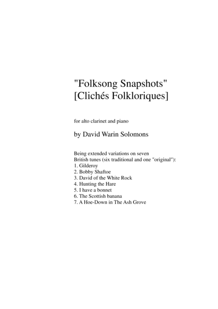 Folk Song Snapshots for alto clarinet and piano (arr. Daid Warin Solomons)