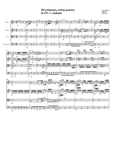 Divertimento, K.137 (original version for string quartet) (arr. Gil Garty)