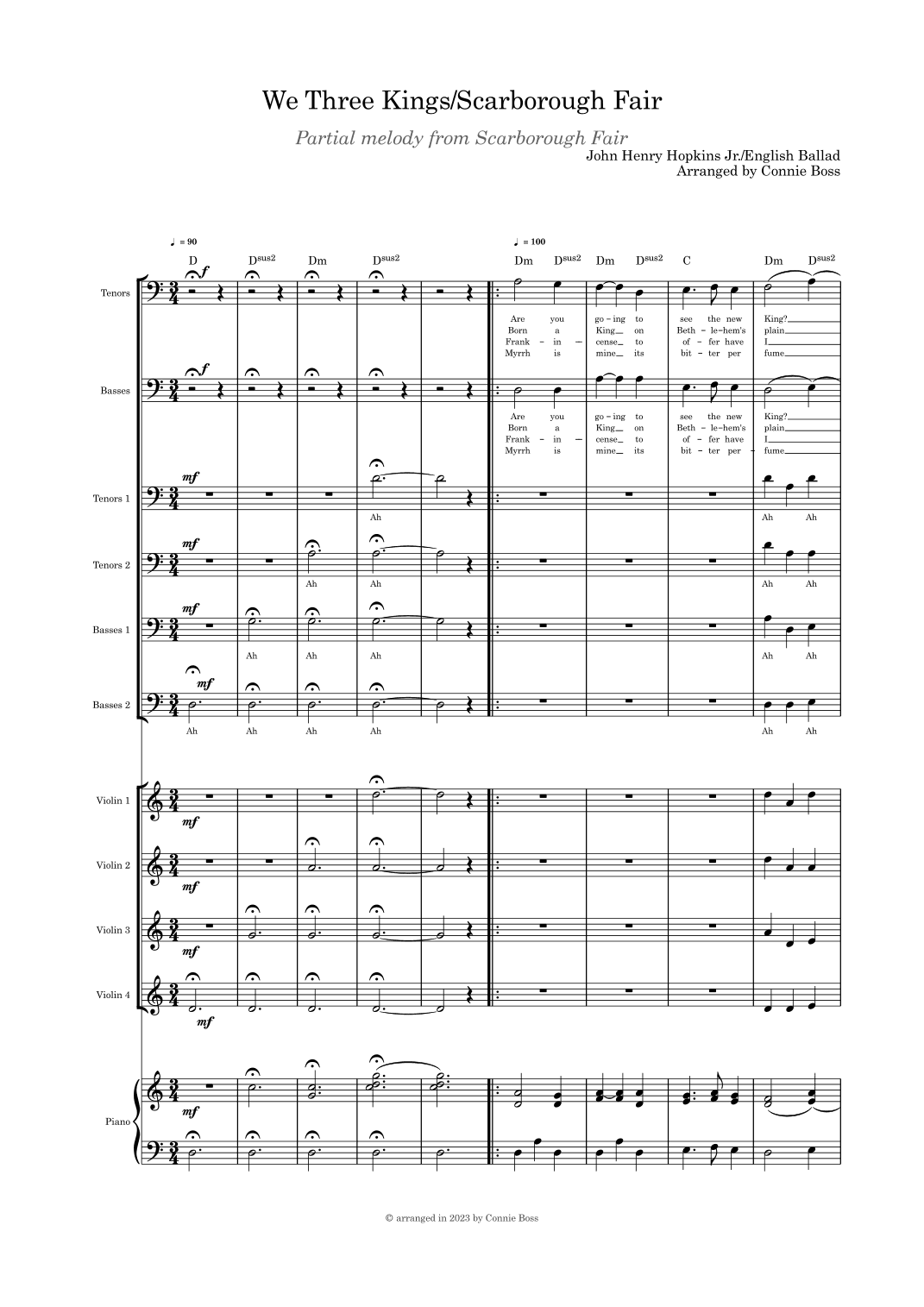 We Three Kings/Scarborough Fair combo TB duet TTBB choir and violin quartet and piano (arr. Connie Boss)