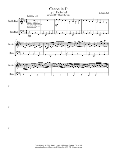 CANON IN D - Duo, Intermediate Level for String Duo, Woodwind Duo, any combination of a treble clef (arr. Sherry Lewis)