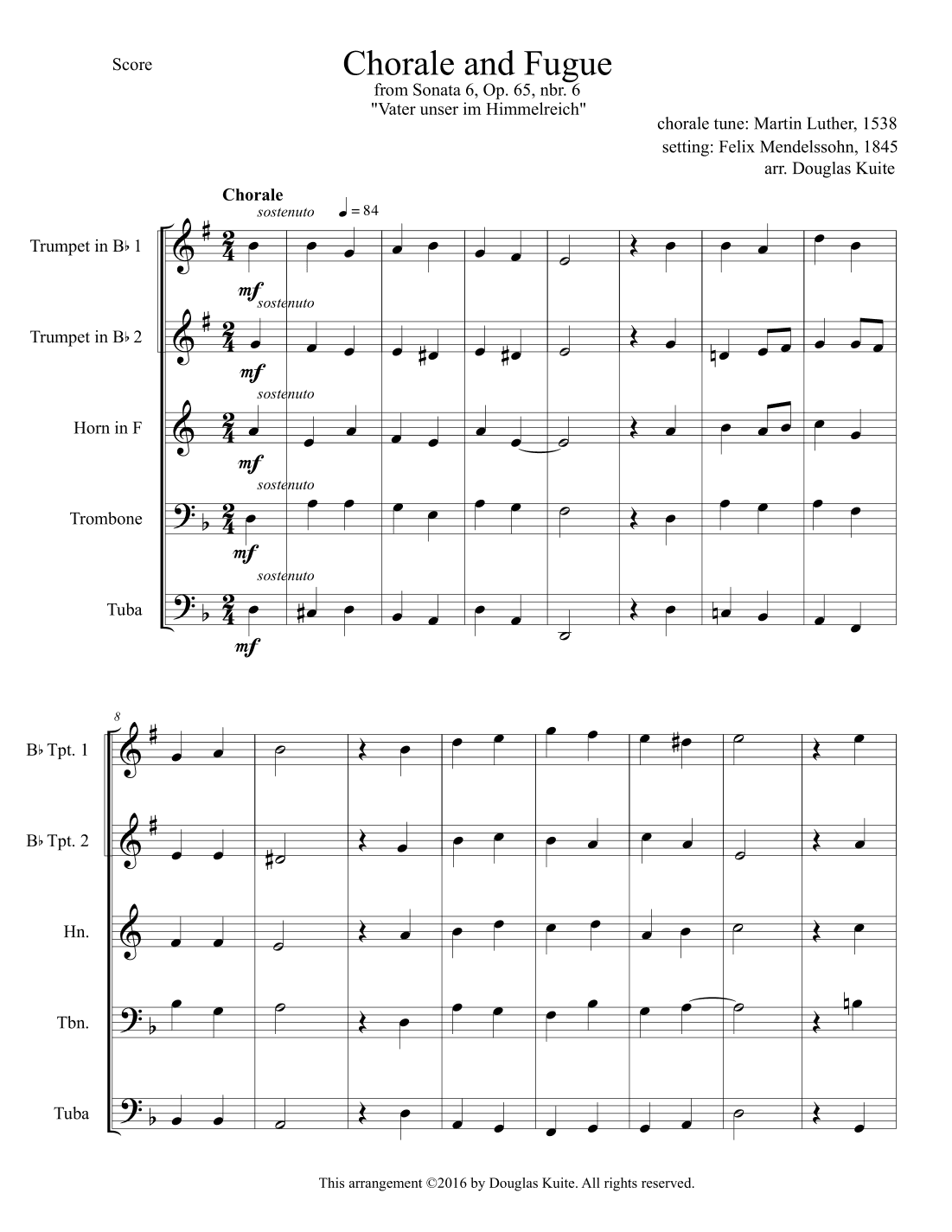 "Chorale and Fugue" (Vater unser im Himmelreich) for brass quintet (arr. Douglas Kuite)
