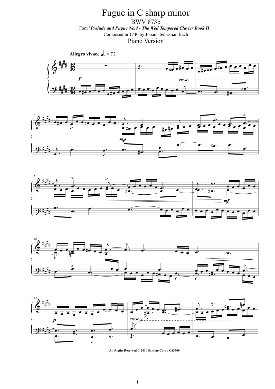 Bach - Fugue in C sharp minor BWV 873b - Piano version (arr. Santino Cara)