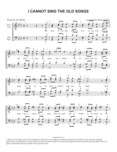 I CANNOT SING THE OLD SONGS (arr. Walter Latzko/collaboration with Ken Hatten)