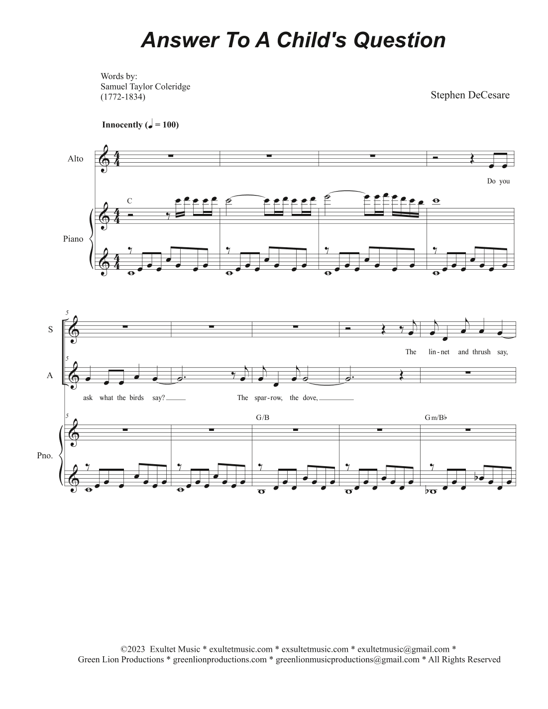 Answer To A Child's Question (Duet for Soprano and Alto solo)