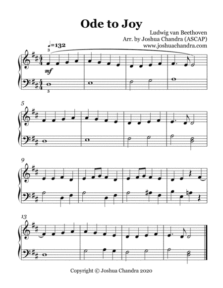Ode to Joy (Easy Piano w/ slur write-in) (arr. Joshua Chandra)