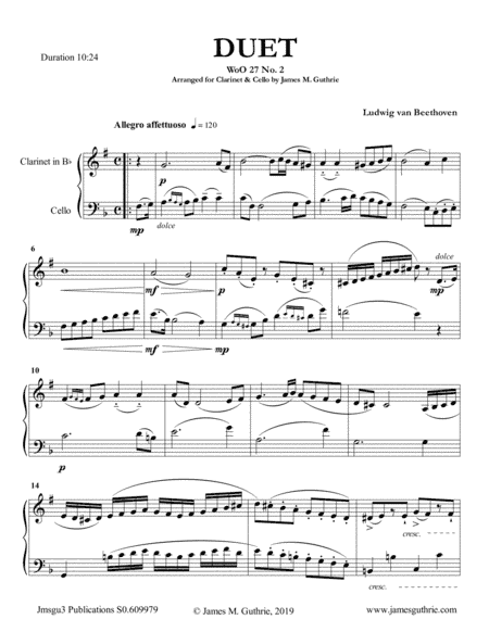Beethoven: Duet WoO 27 No. 2 for Clarinet & Cello (arr. James M. Guthrie, ASCAP)