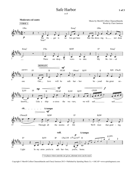 Safe Harbor in B, piano vocal lead sheet