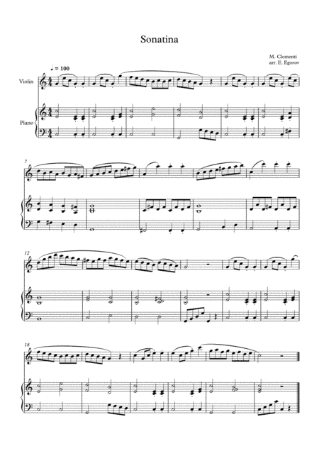 Sonatina (In C Major), Muzio Clementi, For Violin & Piano (arr. Eugene Egorov)