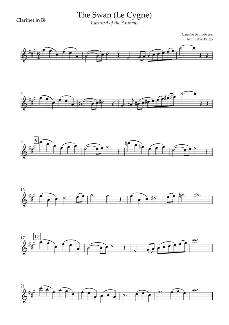 The Swan (Le Cygne) for Clarinet in Bb Solo (arr. Fabio Britto)
