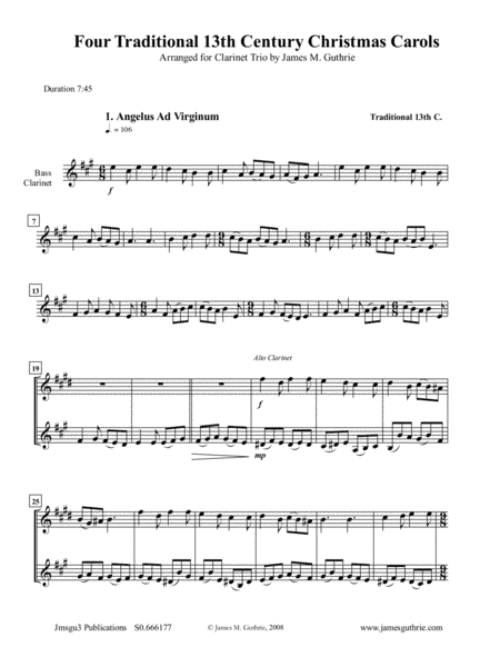Four Traditional 13th Century Christmas Carols for Clarinet Trio (arr. James M. Guthrie, ASCAP)