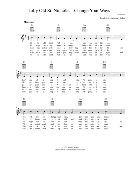 Jolly Old St. Nicholas - Change Your Ways (as heard on Dr. Demento Show) - lead sheet (arr. Samuel Stokes)