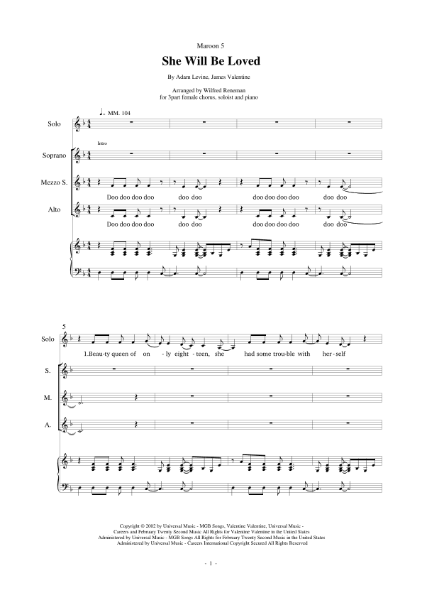 She Will Be Loved (arr. Wilfred Reneman)