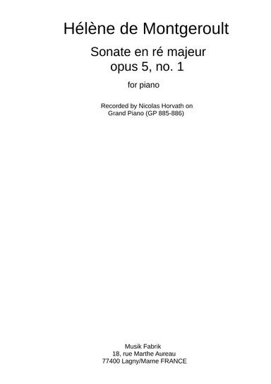 Hélène de Montgeroult: Sonata in D major, Opus 5 no. 1 (arr. Paul Wehage (editor))