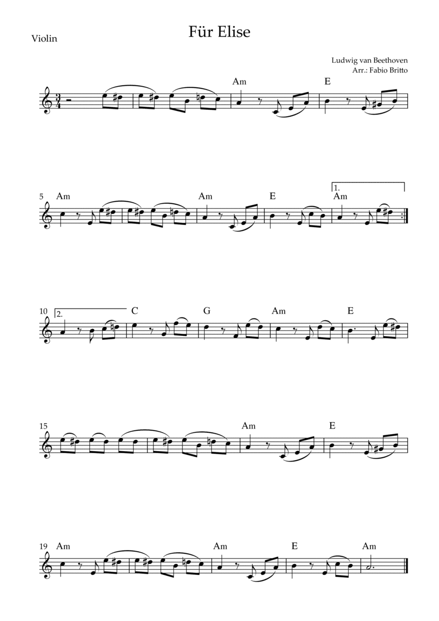 Für Elise (Beethoven) for Violin Solo with Chords (Simplified) (arr. Fabio Britto)