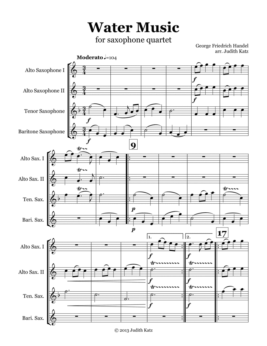 Water Music - for saxophone quartet (arr. Judith Katz)