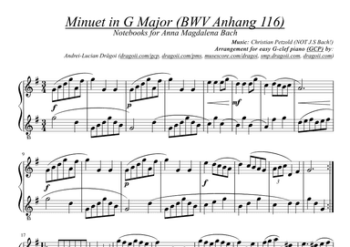 Petzold (NOT Bach!) - Minuet in G Major (BWV Anhang 116) - G-clef piano/harp (GCP/GCH) arrangement (arr. Dragoi Andrei Lucian)