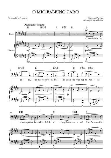 O Mio Babbino Caro | Male Voice Bass | E Major | Piano accompaniment | Pedal | Chords (arr. Milanov)