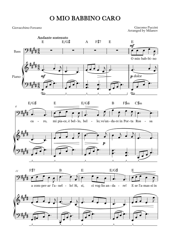 O Mio Babbino Caro | Male Voice Bass | E Major | Piano accompaniment | Pedal | Chords (arr. Milanov)
