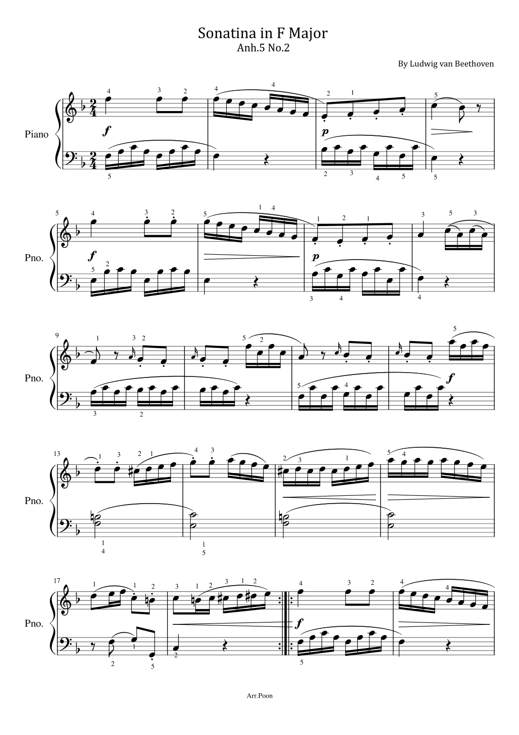 Beethoven - Sonatina in F Major - Anh.5 No.2 - For Piano Solo Original With Fingered (arr. poon)