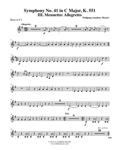 Mozart Symphony No. 41, Jupiter, Movement III - Horn in F 1 (Transposed Part), K. 551 (arr. Doug Clyde)