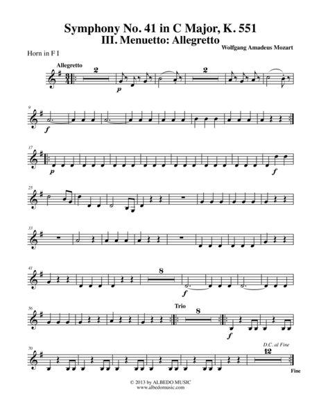 Mozart Symphony No. 41, Jupiter, Movement III - Horn in F 1 (Transposed Part), K. 551 (arr. Doug Clyde)