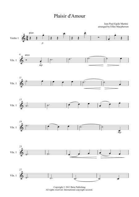 Plaisir d'Amour (The Pleasure of Love)- Violin 1 part - Easy String Quartet Wedding Music (arr. Ellen Macpherson)