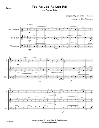 TOO RA LOO RA LOO RAL for BRASS TRIO (unaccompanied) (arr. Glen Poehlmann)