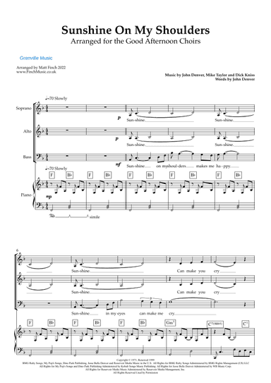 Sunshine On My Shoulders (arr. Grenville Music and Matt Finch)