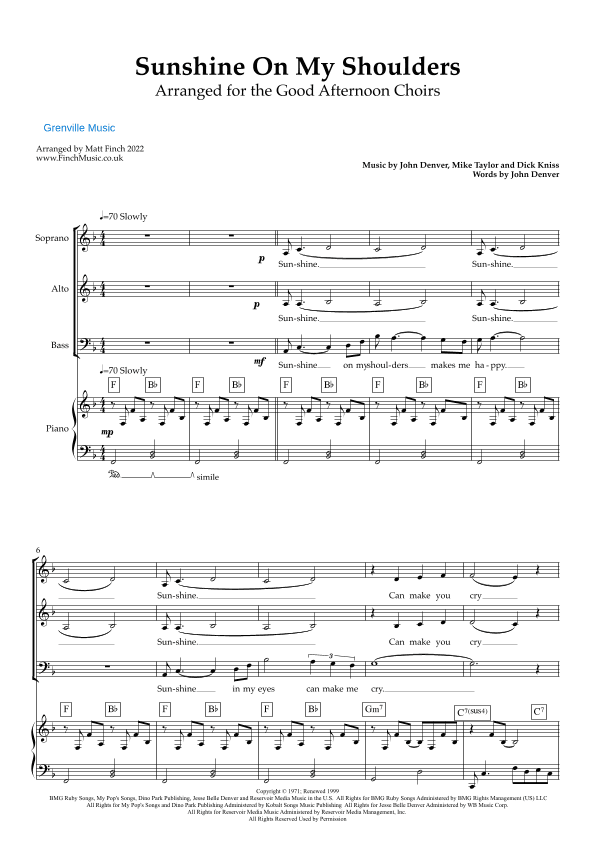 Sunshine On My Shoulders (arr. Grenville Music and Matt Finch)