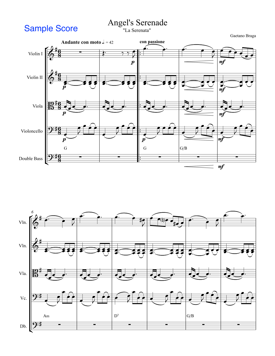 ANGEL'S SERENADE String Orchestra, Intermediate Level for 2 violins, viola, cello and string bass ch (arr. Sherry Lewis)