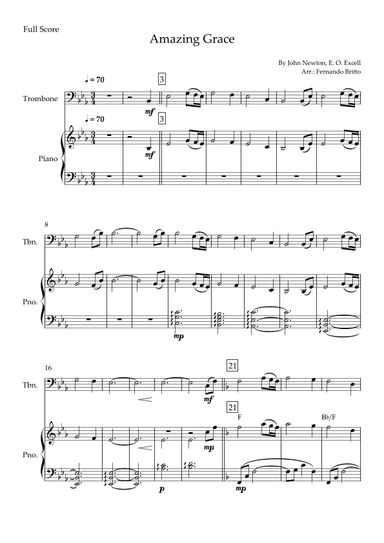 Amazing Grace for Trombone Solo and Piano Accompaniment with Chords (arr. Fernando Britto)