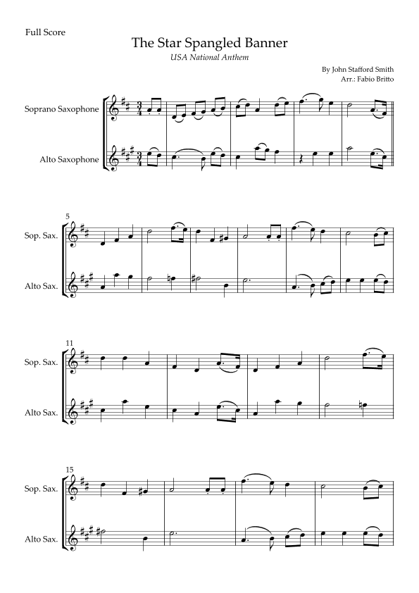 The Star Spangled Banner (USA National Anthem) for Soprano Saxophone & Alto Saxophone Duo (arr. Fabio Britto)