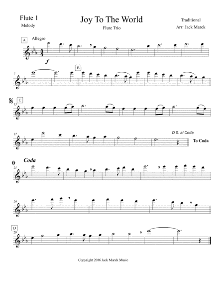 Joy to the World Flute solo,duet,trio (arr. Jack Marek)