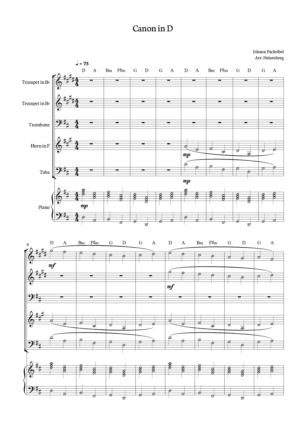Canon in D - Johann Pachelbel for Brass Quintet with piano and chords. (arr. Heisenberg)