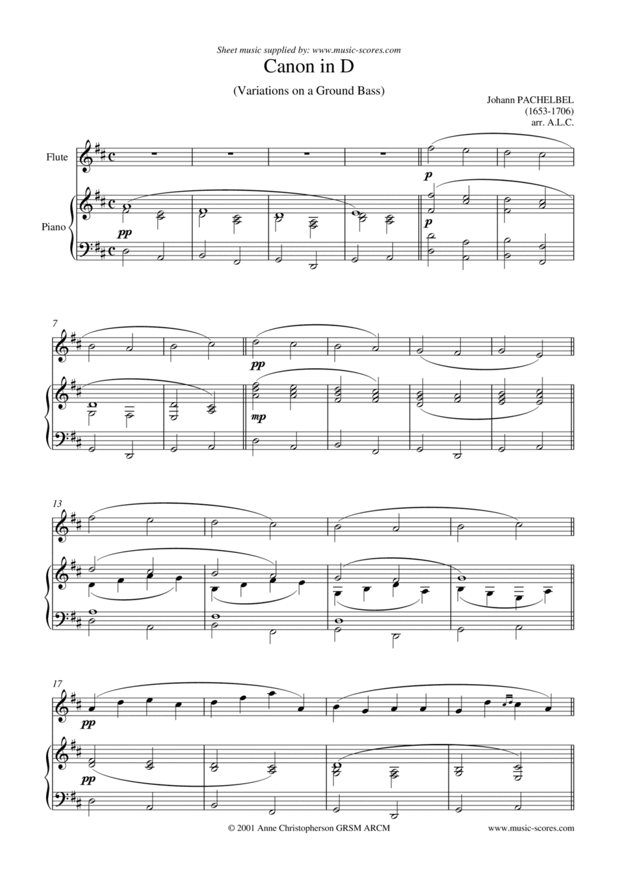 Pachelbel's Canon - Flute and Piano - D ma (arr. Anne L Christopherson GRSM ARCM)