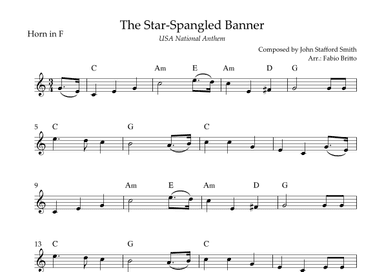 The Star Spangled Banner (USA National Anthem) for Horn in F Solo with Chords (F Major) (arr. Fabio Britto)