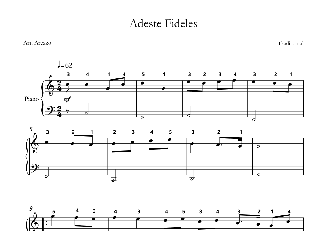 adeste fideles Easy Piano sheet music fingered (arr. Arezzo Music)