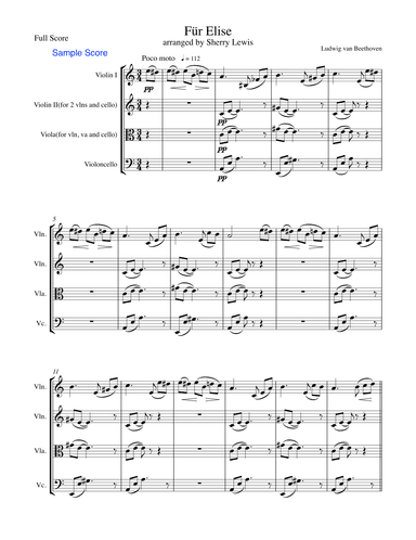 FUR ELISE, FÜR ELISE, String Trio, Intermediate Level for 2 violins & cello or vln,, viola & cello (arr. Sherry Lewis Publishing)