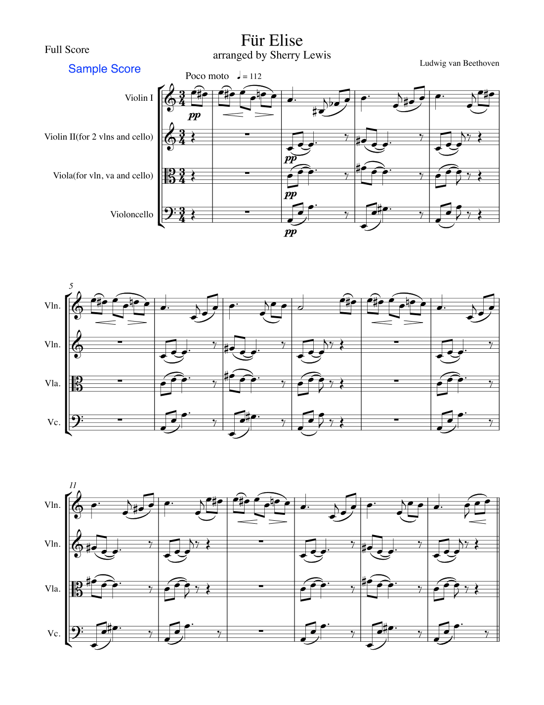 FUR ELISE, FÜR ELISE, String Trio, Intermediate Level for 2 violins & cello or vln,, viola & cello (arr. Sherry Lewis Publishing)