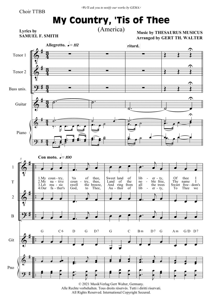 My Country, 'Tis Of Thee (America) (arr. Gert Th. Walter)