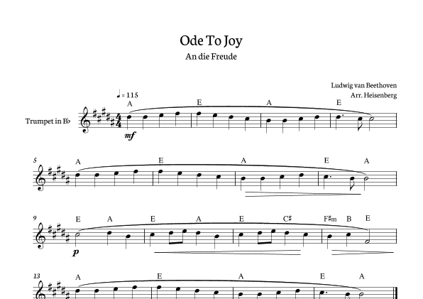 Beethoven - Ode to Joy for trumpet with chords in A major. (arr. Heisenberg)