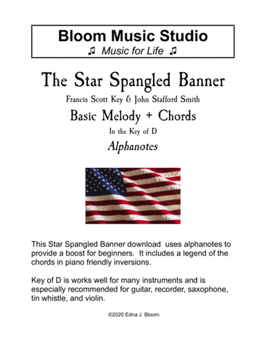 The Star Spangled Banner  Key of D Alphanote Lead Sheet (arr. Edna J. Bloom)