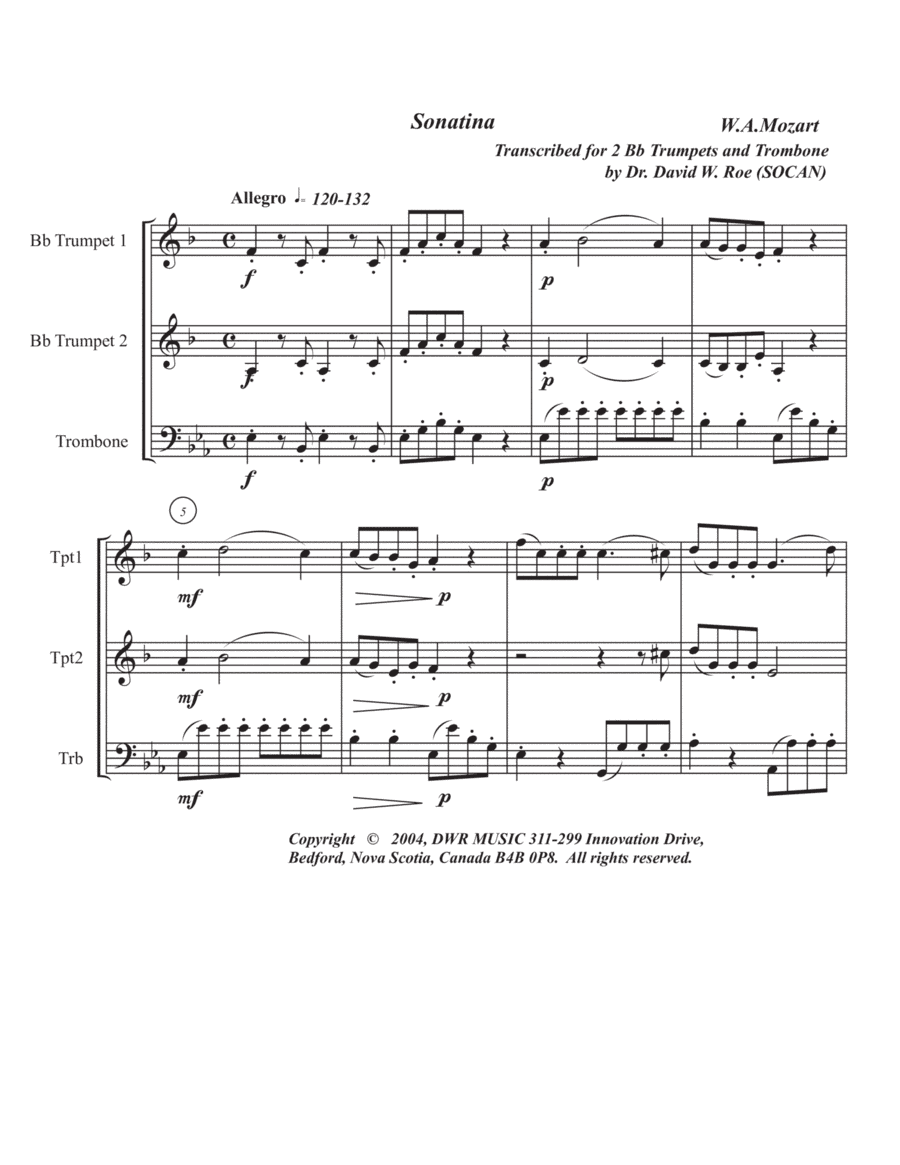 Sonatina by Wolfgang Amadeus Mozart (1756-1791) (arr. Dr, David W. Roe)