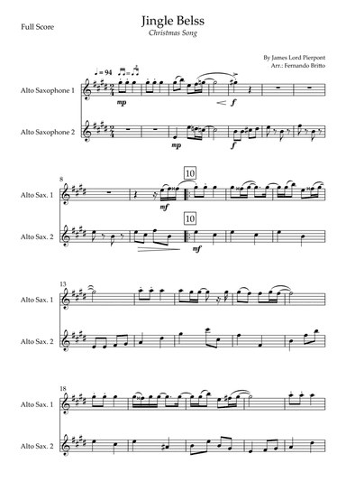 Jingle Bells - Jazz Version (Christmas Song) for Alto Saxophone Duo (arr. Fernando Britto)
