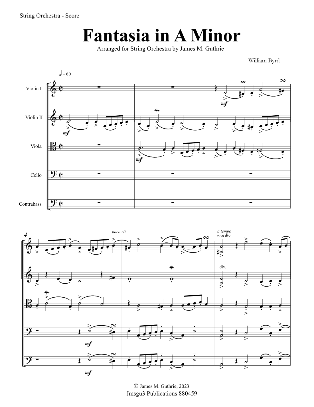 Byrd: Fantasia in A Minor for String Orchestra - Score Only (arr. James M. Guthrie)
