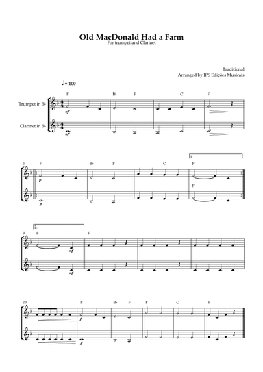 Old MacDonald Had A Farm for trumpet and clarinet (arr. JPS Edições Musicais)