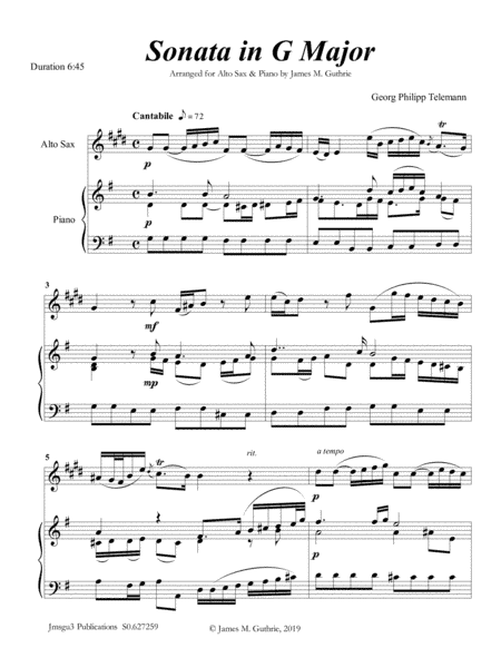 Telemann: Sonata in G Major for Alto Sax & Piano (arr. James M. Guthrie, ASCAP)