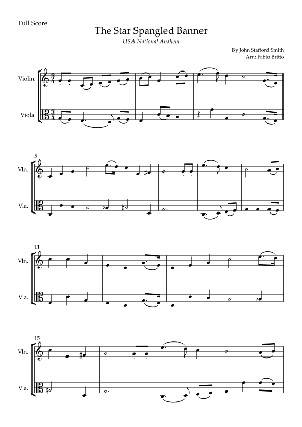 The Star Spangled Banner (USA National Anthem) for Violin & Viola Duo (arr. Fabio Britto)